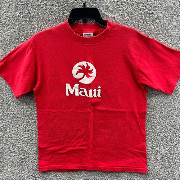 Vintage Oneita Power T pre-shrunk single stitch Puff Maui T-shirt Red size Large - Picture 1 of 13